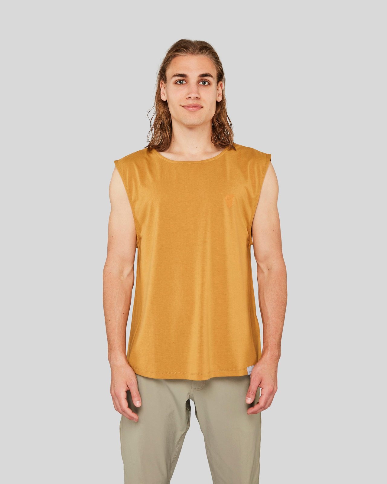 Dirtbag Tank Top — Yellow Wood — model shot